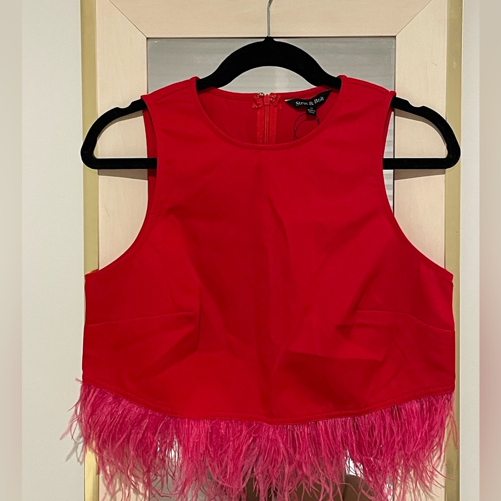 Strut & Bolt Red Crop Top with Pink Fringe Size S